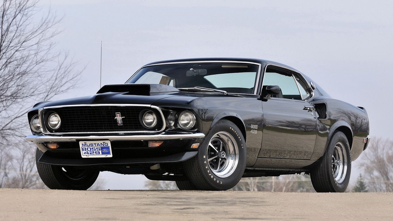 Download wallpaper 1366x768 1969, muscle car, boss, black, mustang ...