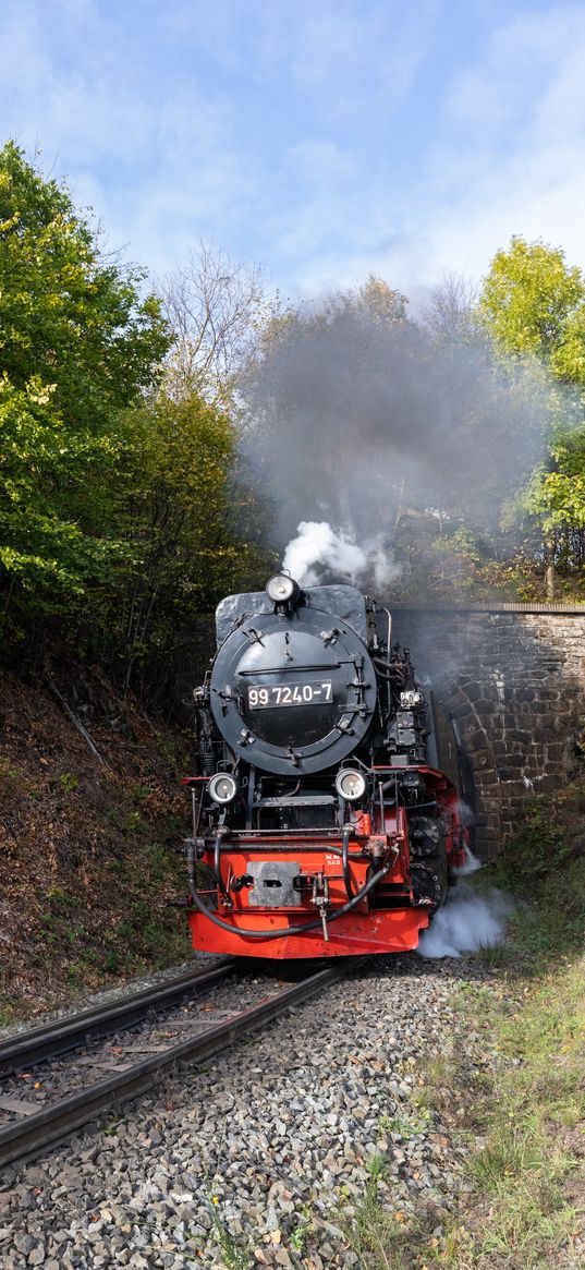 locomotive, smoke, rails, railroad