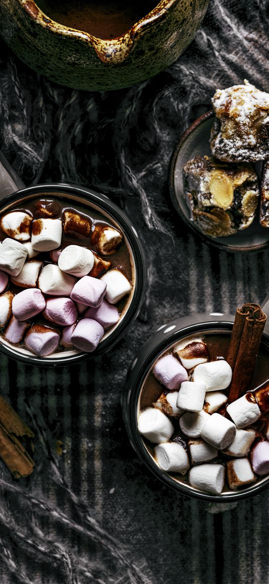 mugs, hot chocolate, marshmallow, cinnamon, drink