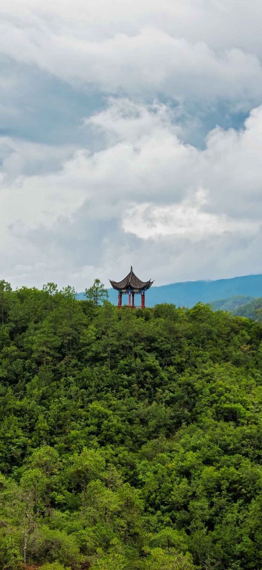 pagoda, building, forest, hills, nature