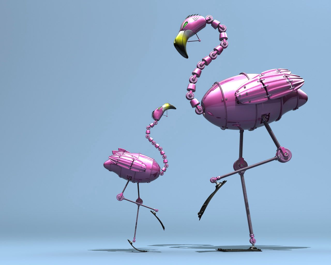 flamingo, robot, pink, cub, figures