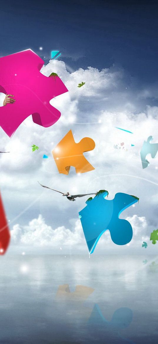 puzzles, flight, sky, clouds, colorful