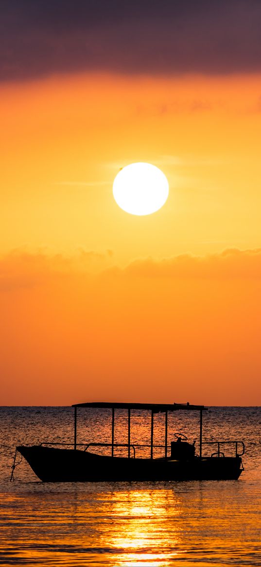 boat, sea, sunset, sun, water, dusk