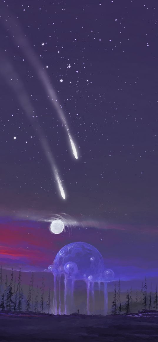 planets, meteors, silhouette, fantasy, art