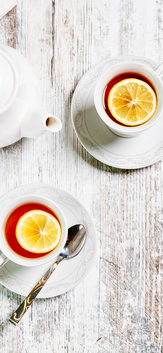 cups, kettle, tea, lemon, drink