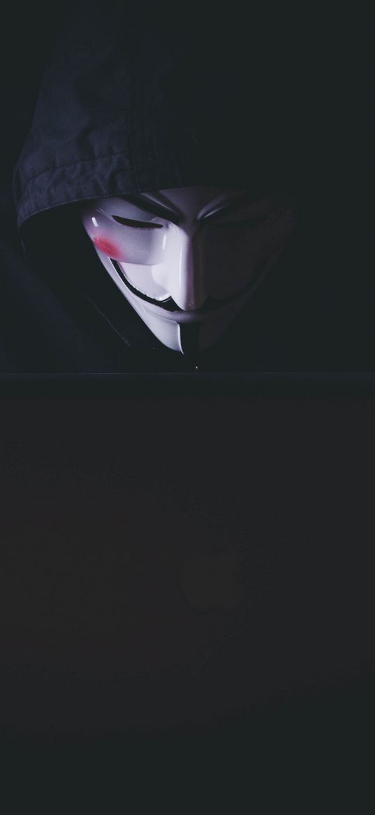 anonymous, hacker, mask, hood, laptop, dark