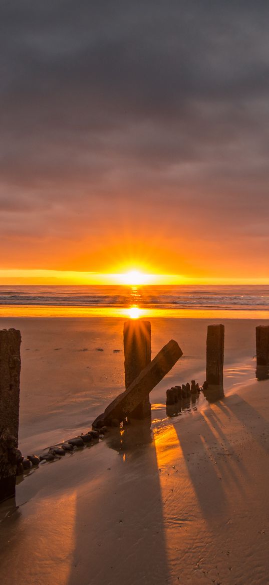 sunset, sea, beach, pillars, sand