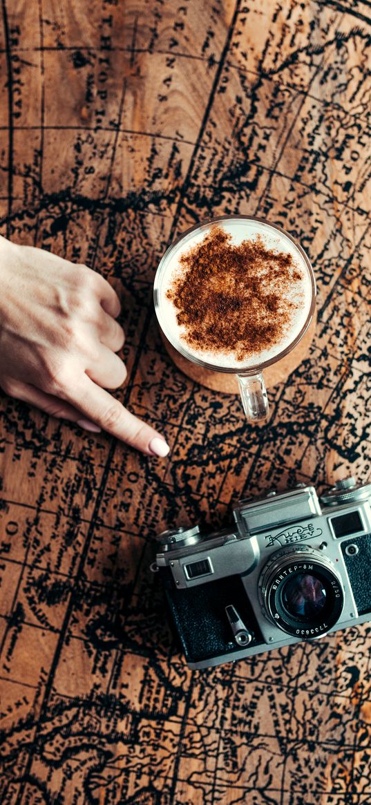 map, hand, cup, camera