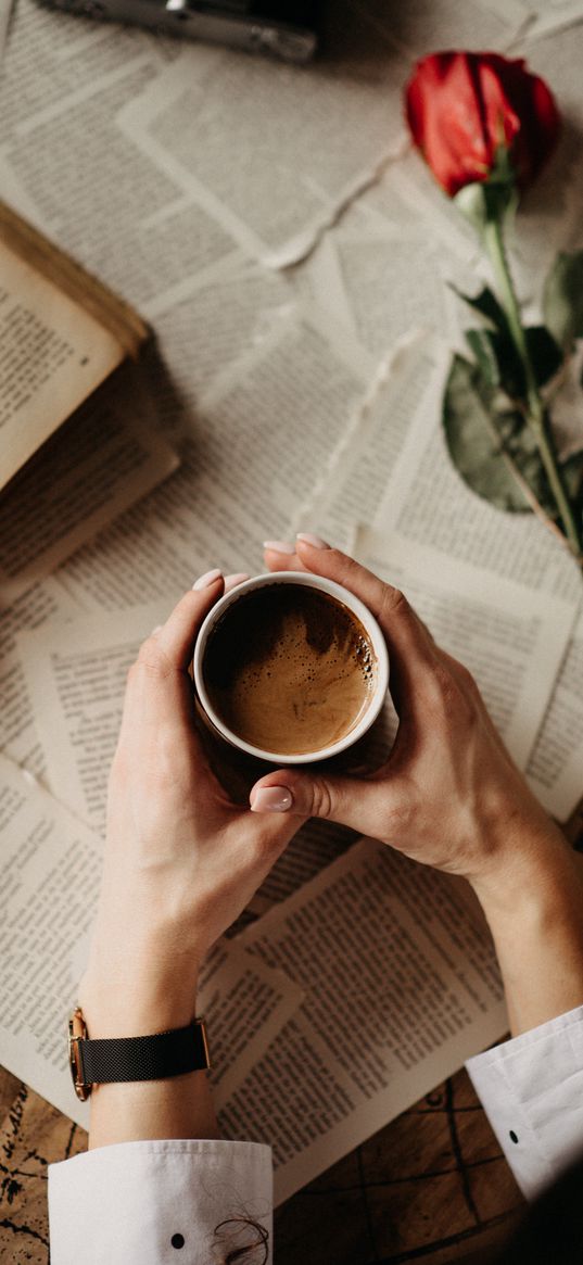 cup, hands, book, page, flower