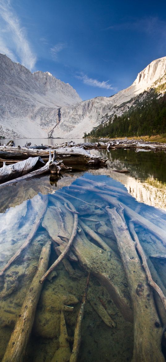 lake, mountain, water, logs, landscape