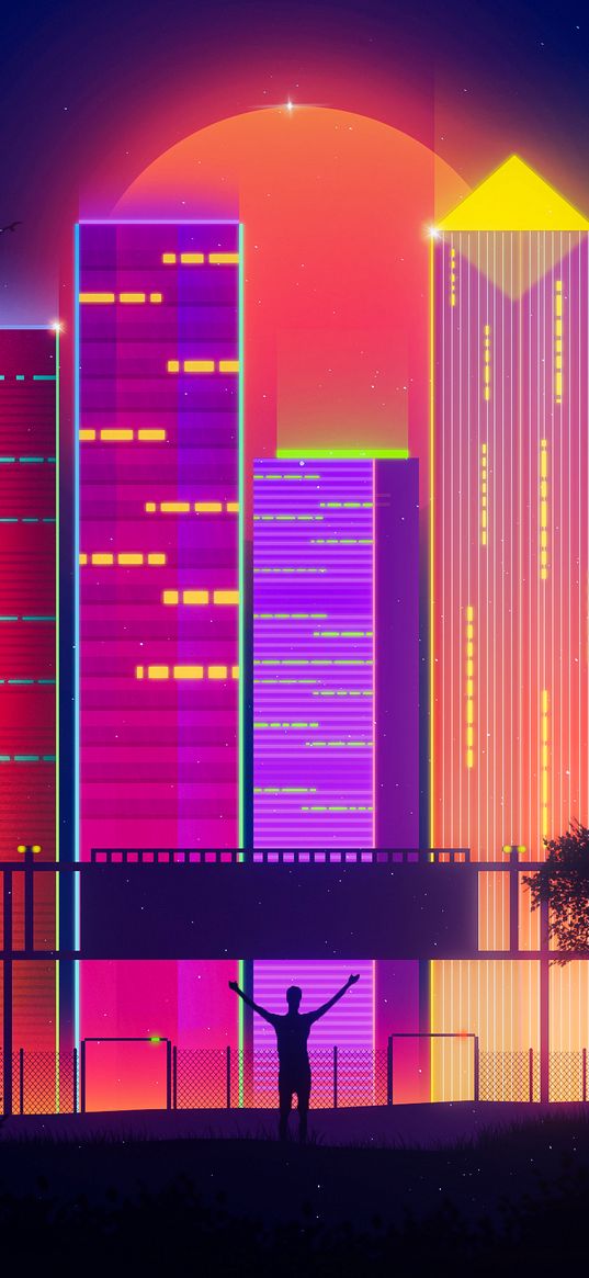 city, buildings, silhouette, retrowave, art