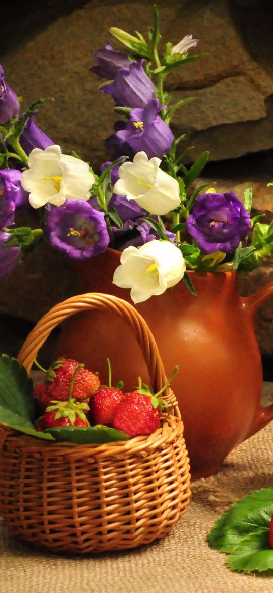 flowers, jugs, strawberry, basket, stone, table