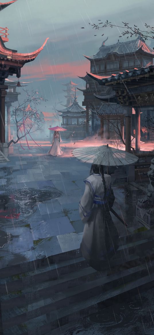 girls, pagodas, rain, umbrellas, japan, art