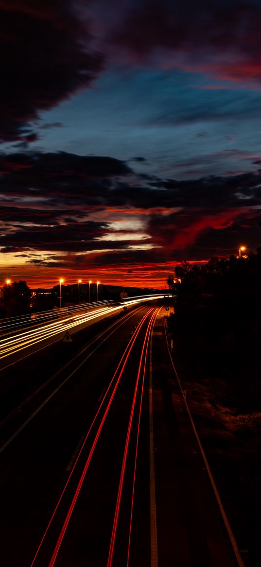 road, light, long exposure, trees, sunset, dark