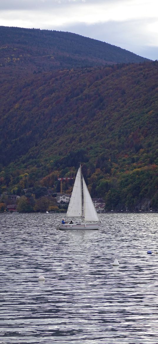 sailboat, boat, water, hills