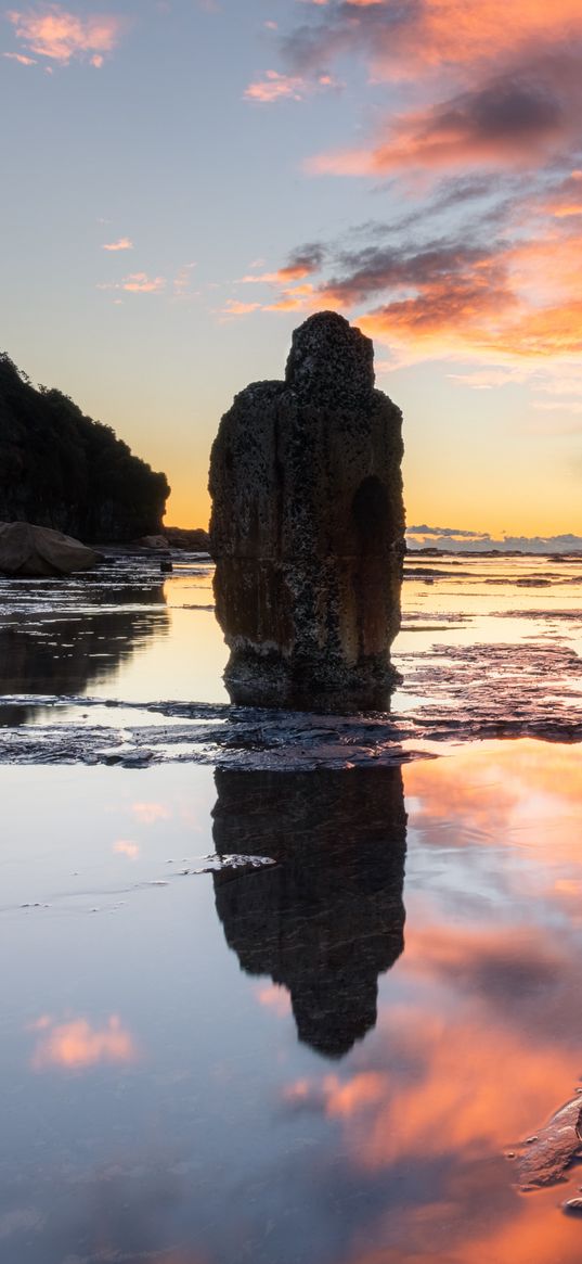 pillars, stones, water, reflection, nature, sunset