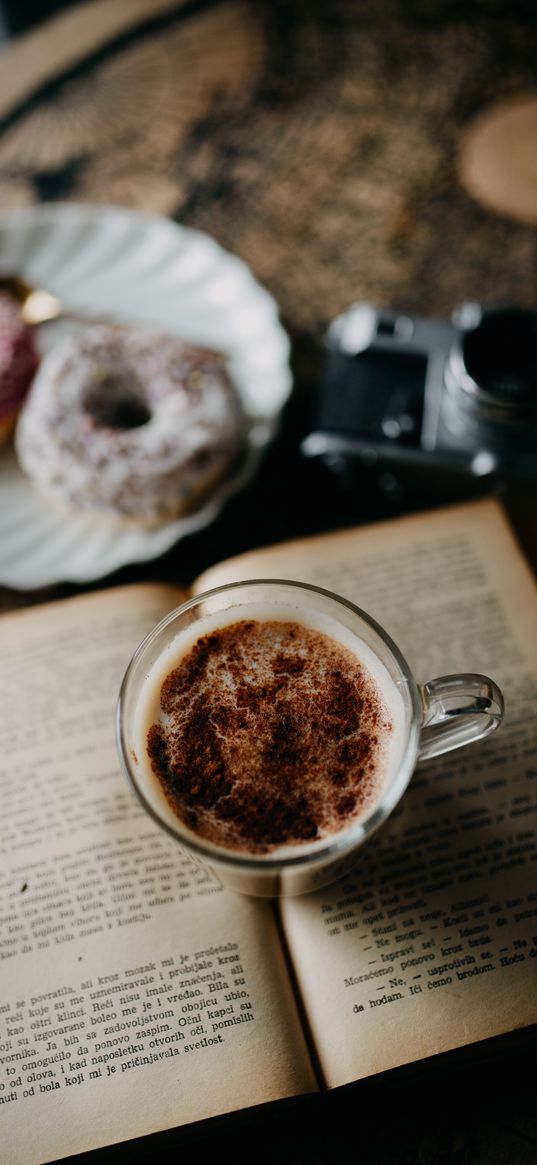 coffee, mug, book, donuts, dessert, camera