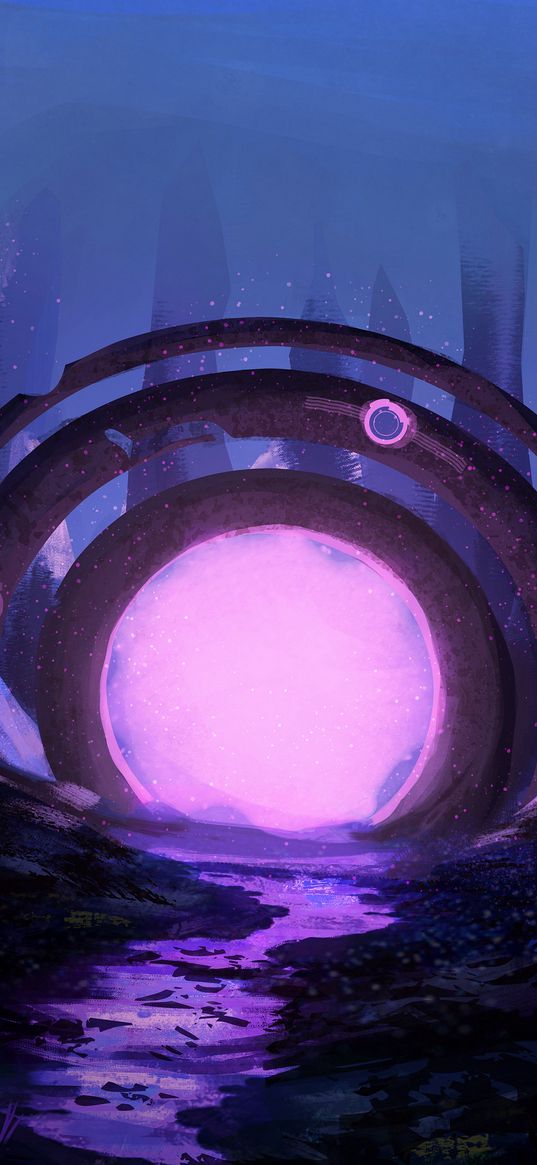 portal, ruins, glow, art, purple