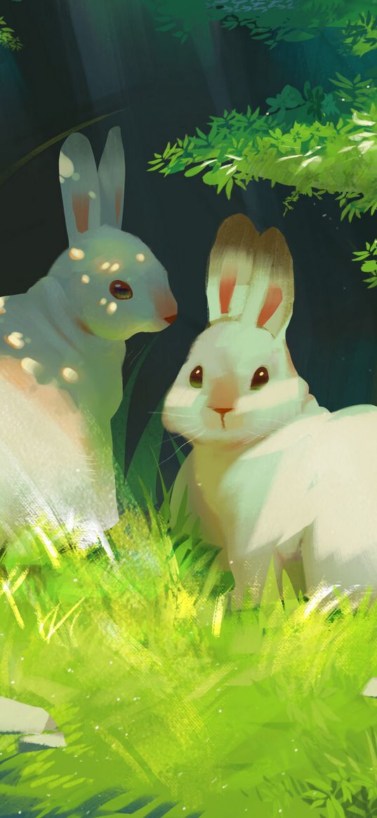 rabbits, grass, cute, art, cartoon