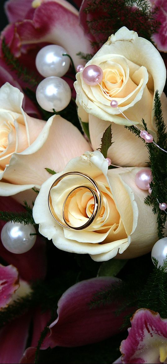 roses, lilies, bouquet, ring, wedding, beads, happiness, joy