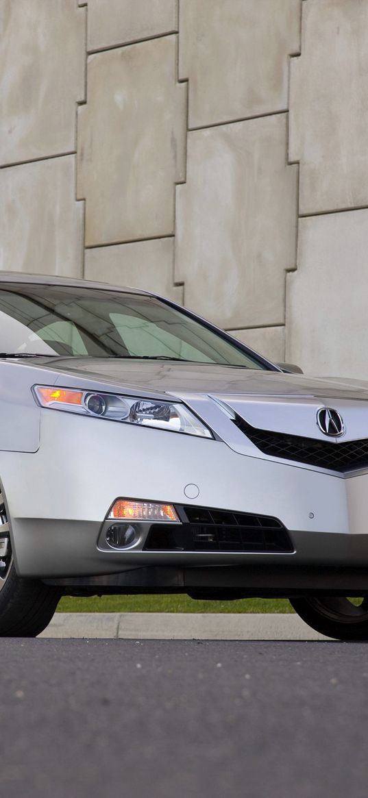 acura, tl, 2008, gray metallic, front view, style, cars, grass, wall, asphalt