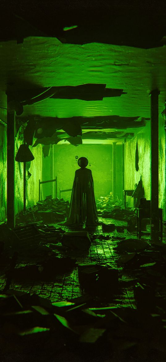 ghost, silhouette, cloak, corridor, green