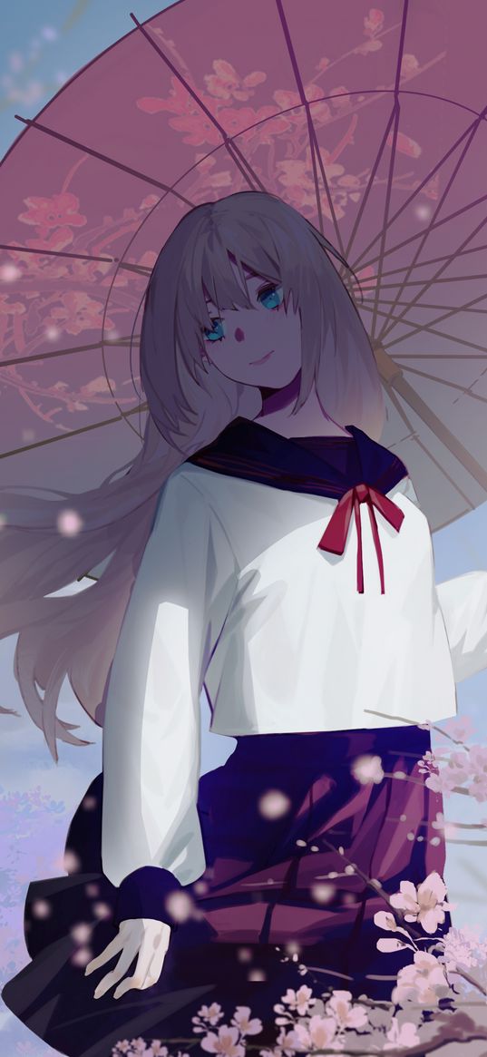 girl, umbrella, sakura, anime