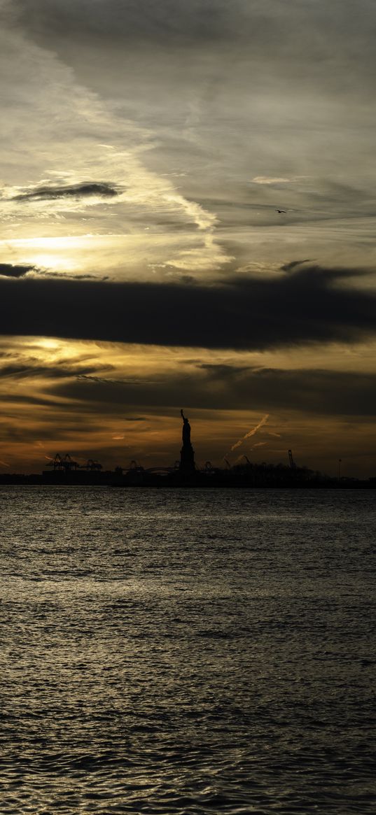 statue of liberty, silhouette, water, sunset, dark