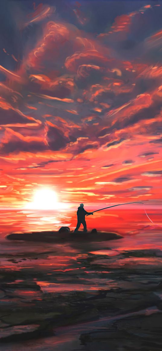 fishing, fisherman, fishing rod, sea, sunset, art