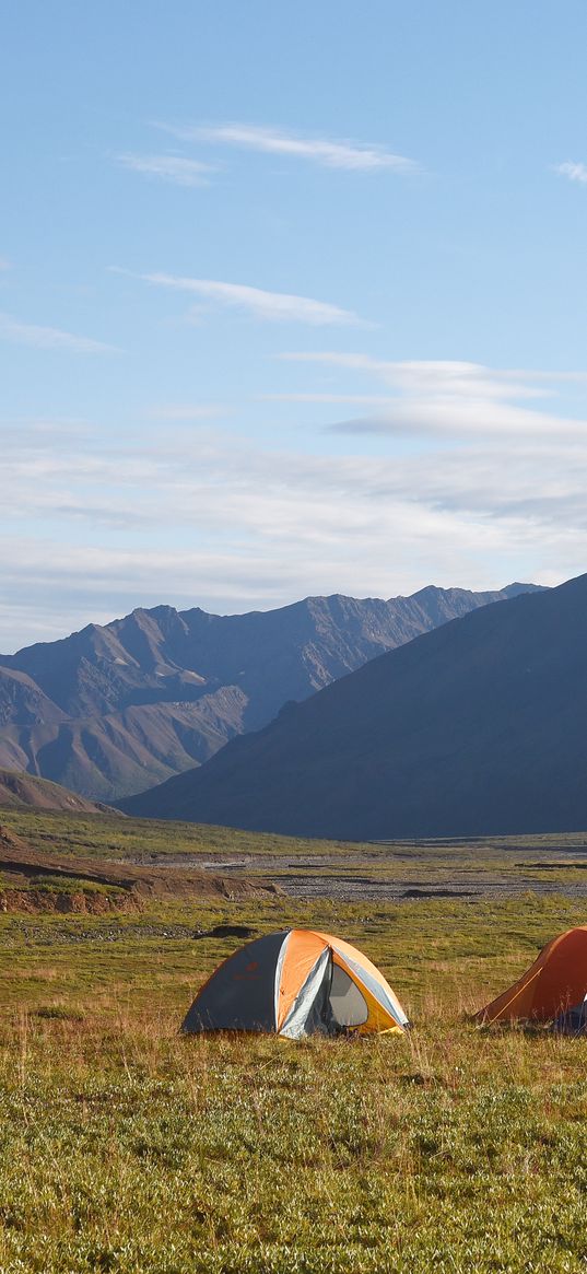 mountains, field, tents, hike, nature