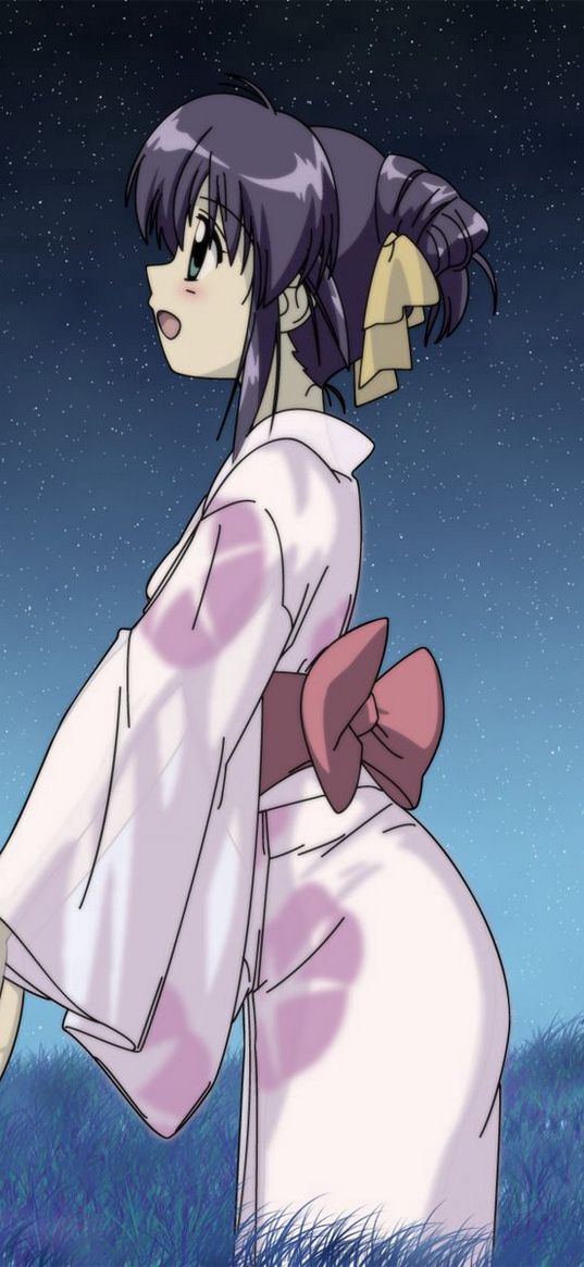 anime, girl, kimono, belt, bow, night