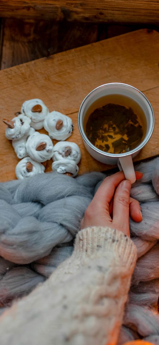 tea, sweets, garland, hand, plaid, cozy