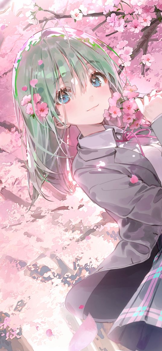 girl, schoolgirl, sakura, flowers, anime, art