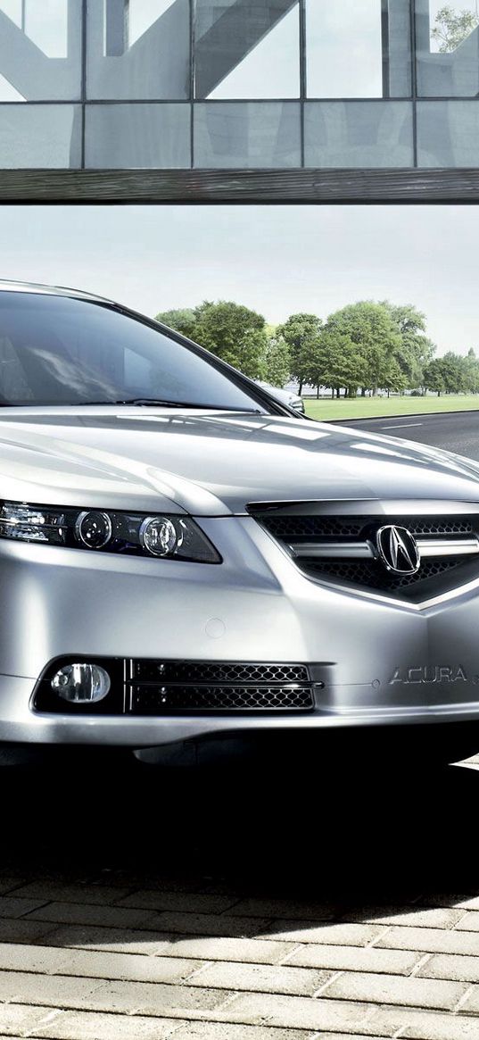 acura, tl, 2007, silver metallic, front view, style, cars, nature, trees, grass, building, street, asphalt