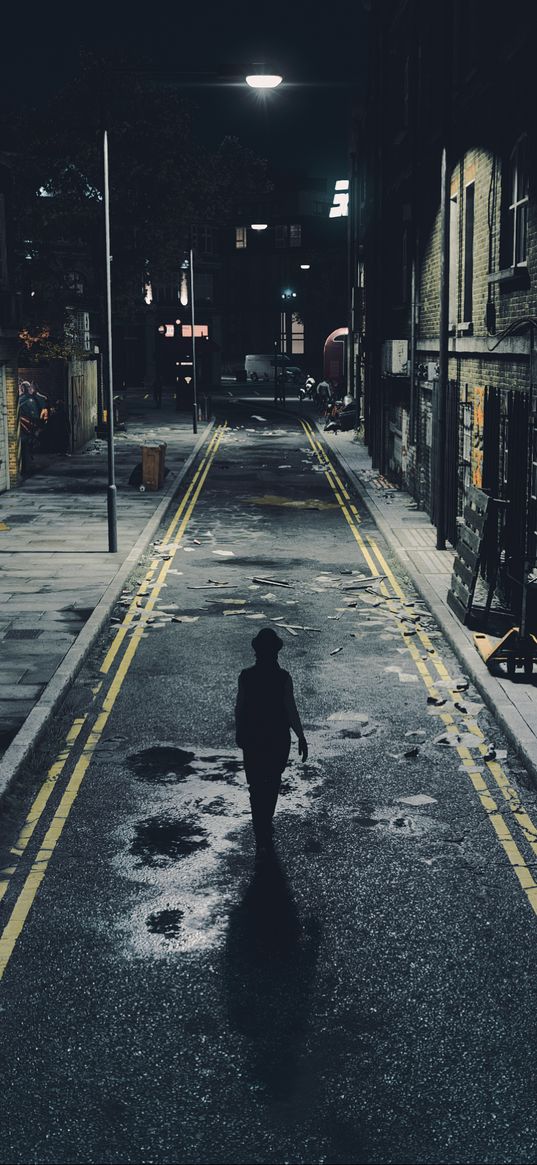 silhouette, alone, road, street, night