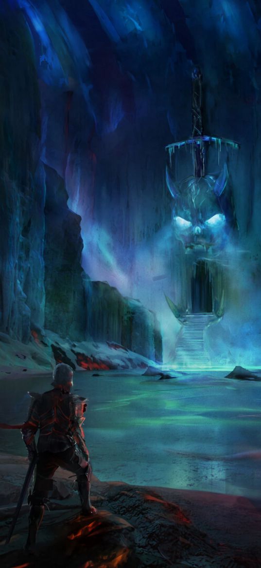 knight, lake, cave, castle, scary, fantasy, art