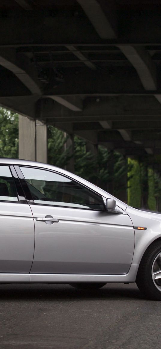 acura, tl, 2004, silver metallic, side view, style, cars, bridges, trees, asphalt