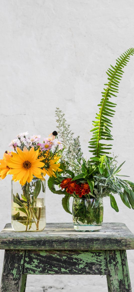 flowers, bouquets, vases, chair