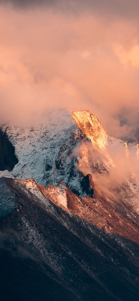 mountain, peak, clouds, snow, landscape