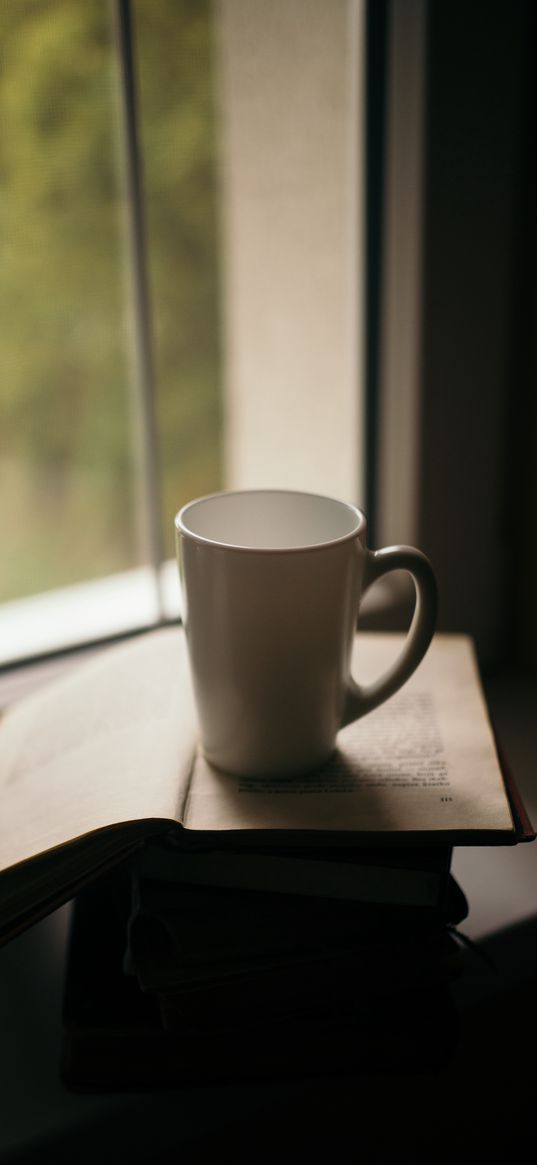 cup, book, reading, window