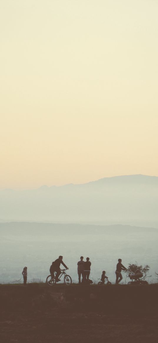 friends, silhouettes, mountains, nature, light