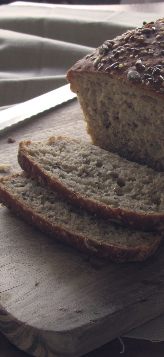 bread, pastries, seeds, board