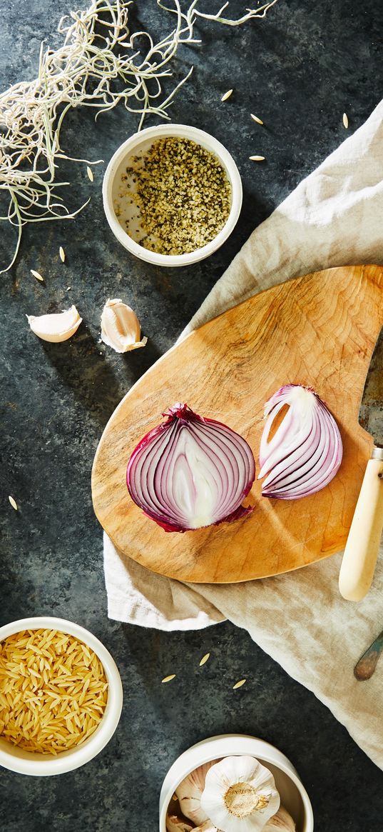 cooking, onion, spices, knife, board