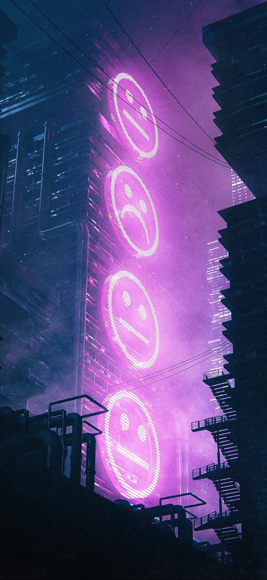 smilies, emoticons, neon, signs, buildings, dark