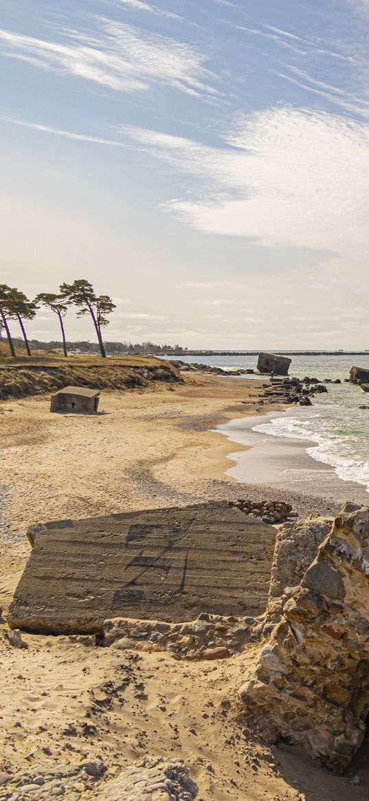 beach, sea, ruins, trees, landscape