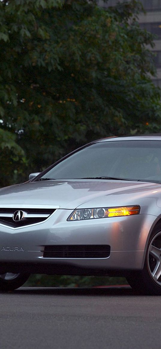 acura, tl, 2004, silver metallic, side view, style, cars, buildings, trees, asphalt