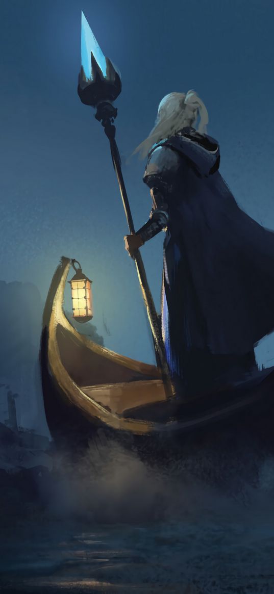 warrior, staff, boat, fantasy, art