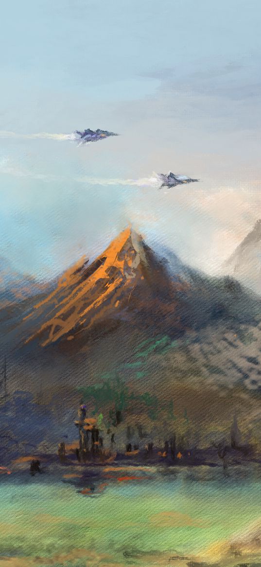 mountains, lake, aircraft, art