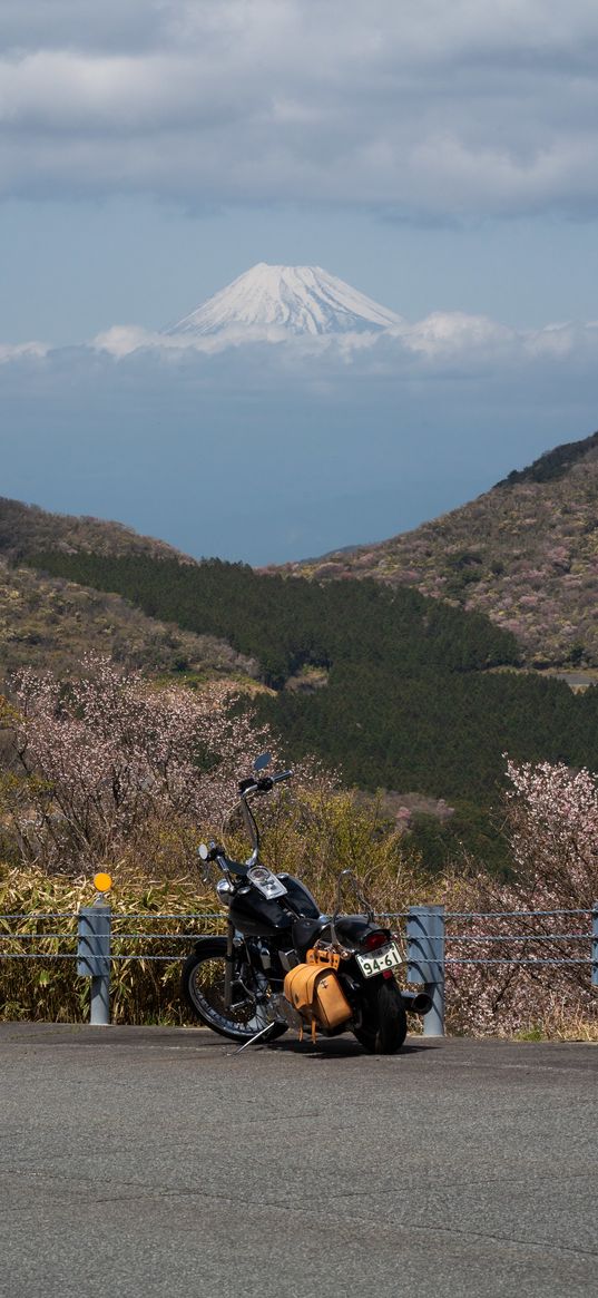 motorcycle, bike, chopper, black, mountains, nature