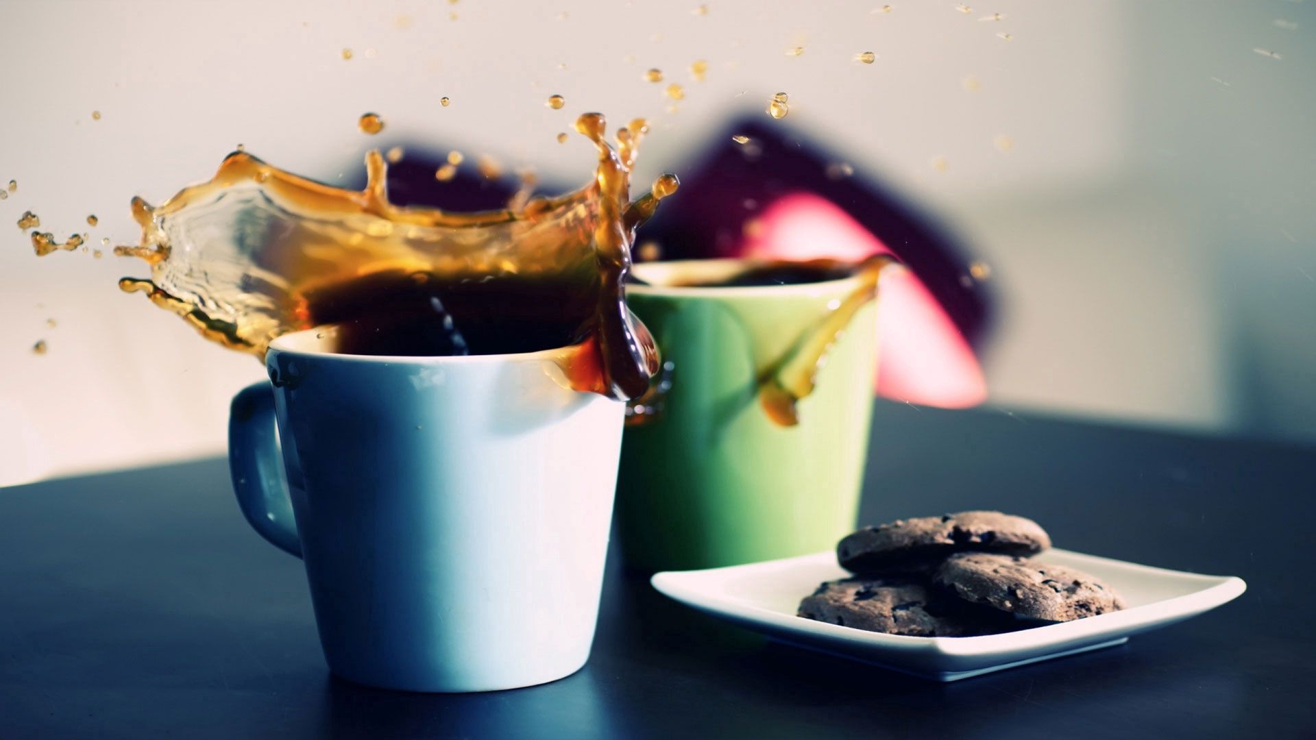 coffee, glasses, splashes, plates, cookies